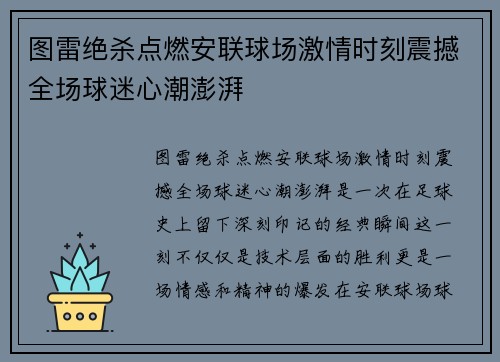 图雷绝杀点燃安联球场激情时刻震撼全场球迷心潮澎湃